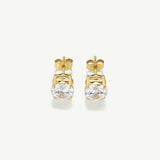 Gold earrings with clear gemstones on a white background